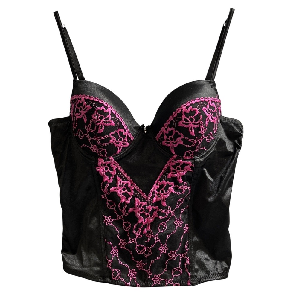Just‎ Sexy Y2K Corset Bustier Black Hot Pink Embroidered Size 36L Goth Grunge
